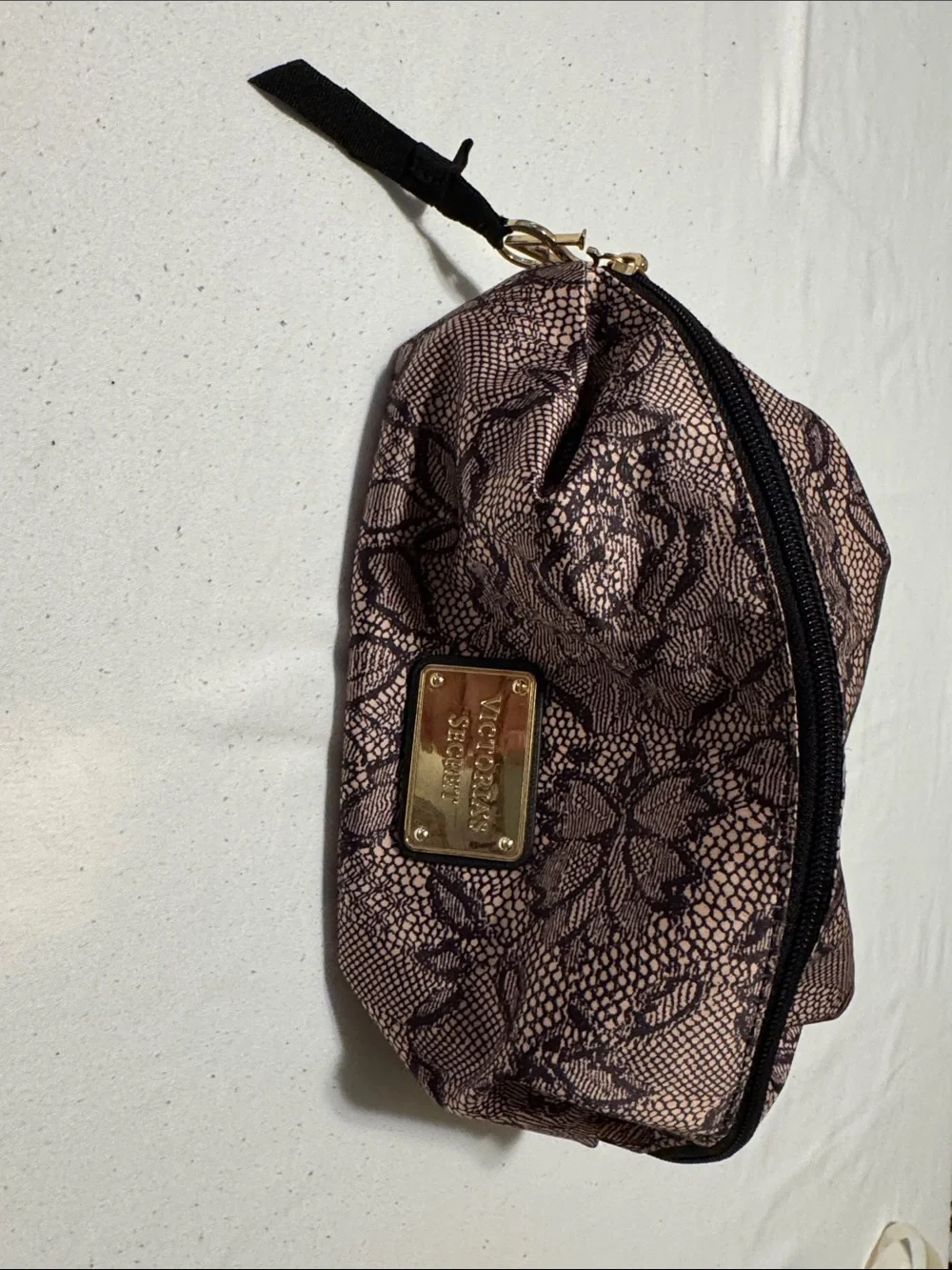 Victoria's Secret Pink Lace-Print Cosmetic Pouch with Gold Plate